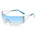 Y2K futuristic shield sunglasses with blue gradient lenses and rhinestone temple decor. - Blue
