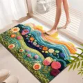 Floral rainbow diatomaceous earth bath mat, anti-slip absorbent floor mat for bathroom door. - Simple Floral - 6