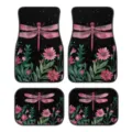 Set di 4 tappetini auto con stampa di libellula rosa e fiori ad acquerello su morbido velluto. - 33x44cm (Set da 2 pezzi) / Serie Libellula 1