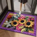 Detailed view of crochet style floral doormat with vibrant sunflower and butterfly patterns. - Classical Chinese - 12