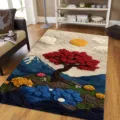Detailed view of the 3D scenic print living room rug featuring Mount Fuji and red tree design. - Visual Series - 8