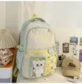 Colorblock school backpack with transparent ita window and cute plush toy pendant for students. - With Pendant / Green