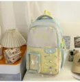 Color-blocked large capacity school backpack with transparent front pocket and cute embroidery. - No Pendant / Green