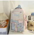 Color-block school backpack with front transparent pocket and cute letter embroidery design. - No Pendant / Pink