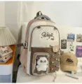 Color-blocked canvas backpack with cute transparent pocket and embroidered details for students. - With Pendant / Khaki