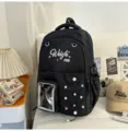 Large capacity black student backpack with ita bag transparent pocket and stylish embroidery. - No Pendant / Black