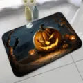 Halloween doormat detail view featuring spooky pumpkin lantern and bat print for fall decor. - Halloween - 9