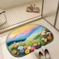 Detail view of the floral landscape bath mat in a bathroom, showcasing vibrant colors. - Rainbow - 8