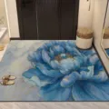 Blue crystal velvet floor mat with large floral gold line design for entryway hallway home decor. - Luxury Large Floral - 9