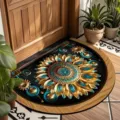 Vintage semi-circular doormat, gold and teal sunflower floral mandala design, entry rug. - 40*60cm (Crystal Velvet) / Bohemian Semicircles 15