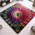 Detail view of large square rug featuring vibrant 3D peacock feather floral mandala pattern. - 40x40cm (Crystal Velvet) / Peacock Floral——3