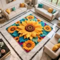 Vista dettagliata del tappeto in ciniglia con motivo di girasole 3D, ideale per il soggiorno. - Fiori di pavone——6