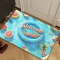 Summer beach themed welcome doormat detail view, blue pool pattern nonslip floor mat - Beach Flip-Flops 6