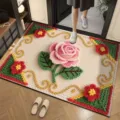 Detail shot of a woolen style crochet rose floor mat with anti-slip diatom mud material. - Wool Style 19