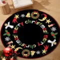Close-up of circular Christmas rug with colorful merry christmas text and icons - 40x40cm (Crystal Velvet) / Christmas Round Mat 12