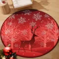 Detailed view of red Christmas round rug featuring reindeer and snowflakes pattern - 40x40cm (Crystal Velvet) / Christmas Round Mat 19