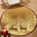 Close-up of a festive round rug with golden reindeer patterns and a red border detail. - 40x40cm (Crystal Velvet) / Christmas Round Mat 20