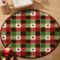 Detail view of a round Christmas plaid rug with heart patterns on a wooden floor - 40x40cm (Crystal Velvet) / Christmas Round Mat 21