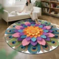 Runde Pfauenfeder Blüte Kristall Samt bedruckte Fußmatte Wohnzimmer Couchtisch Teppich - Pfauenblumen - 11