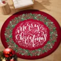 Festive red round Christmas rug with white Merry Christmas lettering and pinecone wreath - 40x40cm (Crystal Velvet) / Christmas Round Mat 2