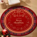 Red Christmas round floor mat with festive plaid border and Merry Christmas motif - 40x40cm (Crystal Velvet) / Christmas Round Mat 5