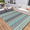 Outdoor patio rug detail showing blue and beige geometric pattern weave texture setup. - 40*60cm / Moroccan Ethnic Style 4