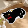 Adorable cartoon black cat shaped plush floor mat with red bow tie for home decor - Animal Paradise-9