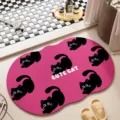 Pink cat bath mat, cute black cat pattern absorbent diatomaceous floor mat for bathroom. - Curved Rose Red Cat