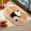 Cute oval cartoon panda faux cashmere bathroom floor mat with Good Luck text in warm beige - Animal Paradise 5