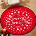 Festive red Christmas round floor mat with white stars and Merry Christmas print design - 40x40cm (Crystal Velvet) / Christmas Round Mat 16
