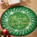 Festive round green Christmas rug with white snowflakes and Merry Christmas lettering - 40x40cm (Crystal Velvet) / Christmas Round Mat 17