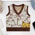Vista dettagliata del gilet in maglia marrone e bianco con motivo a gatto e scollo a V. - Gatto Contrasto Bianco Marrone