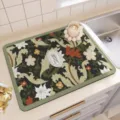 Kitchen diatomite drying mat with vintage botanical floral pattern, absorbent countertop pad. - Blooming Branch