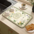 Diatomaceous earth kitchen dish drying mat absorbent anti-slip countertop pad with floral print - Green Fern