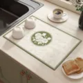 Kitchen diatomaceous earth drying mat, absorbent non-slip countertop protector with floral design. - Green View