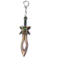 Detailansicht Metall Schwert Schlüsselanhänger mit grünem Email und Edelstein Gamer Stil. - Charm-Anhänger / Bronze