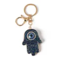 Blue Hamsa Hand keychain with rhinestone Evil Eye and golden lobster clasp detail - Blue