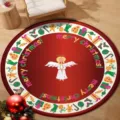 Red crystal velvet round Christmas rug with angel design and holiday motifs for home decor - 40x40cm (Crystal Velvet) / Christmas Round Mat 18