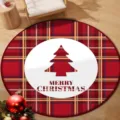 Round Christmas red plaid rug with tree design and 'Merry Christmas' text for home decor - 40x40cm / Christmas Round Mat 25