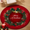 Decorative red round Christmas floor mat with wreath and Merry Christmas greeting - 40x40cm / Christmas Round Mat 27