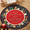 Round Christmas themed red crystal velvet floor mat with festive holiday greetings - 40x40cm / Christmas Round Mat 28