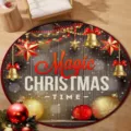 Red crystal velvet round Christmas floor mat with festive ornament and wood grain design - 40x40cm / Christmas Round Mat 33