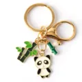 Detail of cute enamel panda and bamboo charms on a gold metal keychain - G-1522 -4
