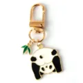 Close-up of cute panda keychain with bamboo leaf charm and gold lobster clasp - G-1523 -3
