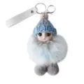 Cute plush doll keychain with blue knitted hat and silver bow detail for bag charm. - Light Blue