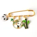 Cute cartoon panda enamel safety pin charm with bamboo pendants in golden metal finish - D-403 -1