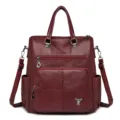 Dark red PU leather backpack, casual vintage shoulder bag and spacious daily daypack for women. - Red
