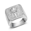 Macro view showing the detailed lion head engraving and crystal inlay on a men's ring - Size 7 / Steel