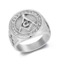 Macro detail of a silver stainless steel Masonic ring with sparkling inlaid rhinestones - Size 7 / Steel