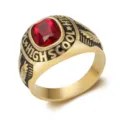 Close-up of vintage gold stainless steel ring with red gemstone and eagle engraving - Size 7 / Gold Red